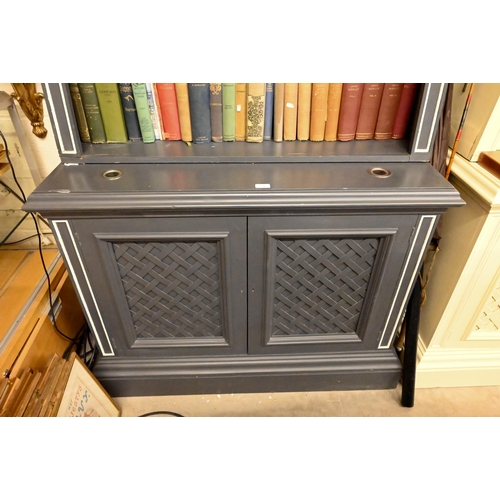 230 - A large slate grey painted display cabinet/dresser with cream mouldings, the tapering oepn top secti... 