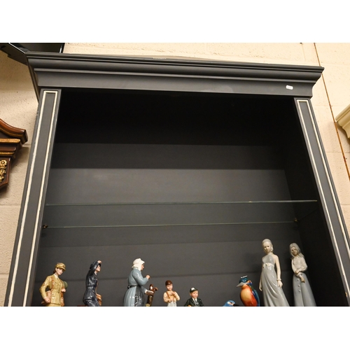 230 - A large slate grey painted display cabinet/dresser with cream mouldings, the tapering oepn top secti... 