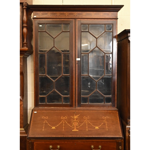 241 - Edwardian Sheraton revival bureau bookcase inlaid with decorative neo-classical designs, 92 cm wide ... 