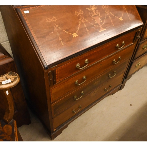 241 - Edwardian Sheraton revival bureau bookcase inlaid with decorative neo-classical designs, 92 cm wide ... 