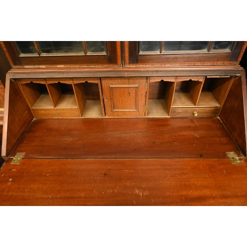 241 - Edwardian Sheraton revival bureau bookcase inlaid with decorative neo-classical designs, 92 cm wide ... 