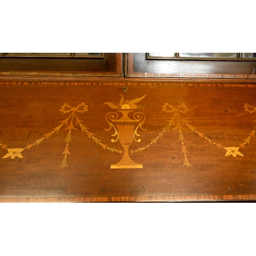 241 - Edwardian Sheraton revival bureau bookcase inlaid with decorative neo-classical designs, 92 cm wide ... 