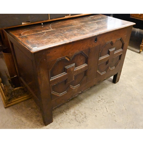 246 - Early 18th century oak coffer with shaped-panel front, lined with 1846 Times Newspaper, 101 x 53 x 6... 