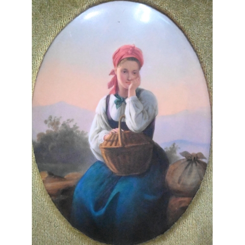 65 - A 19th century German porcelain oval plaque, painted with young lady with basket and bundle, waiting... 