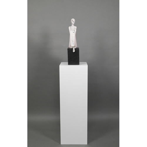 71 - Ferri Farahmandi (Iran), Ponder II - grey marbled ceramic figure, perched on a textured black block ... 