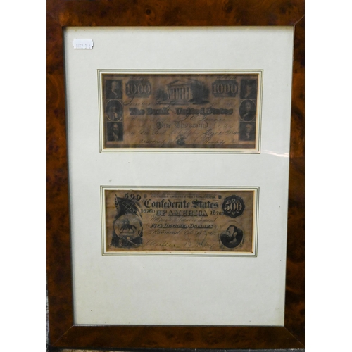 193 - Three frames of banknotes - The Bank of the United States One Thousand Dollars, 1840 and Confederate... 