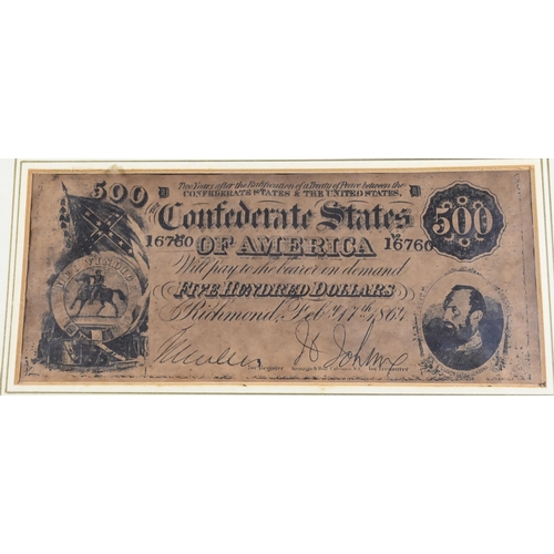 193 - Three frames of banknotes - The Bank of the United States One Thousand Dollars, 1840 and Confederate... 