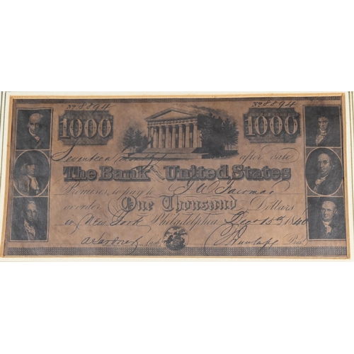 193 - Three frames of banknotes - The Bank of the United States One Thousand Dollars, 1840 and Confederate... 