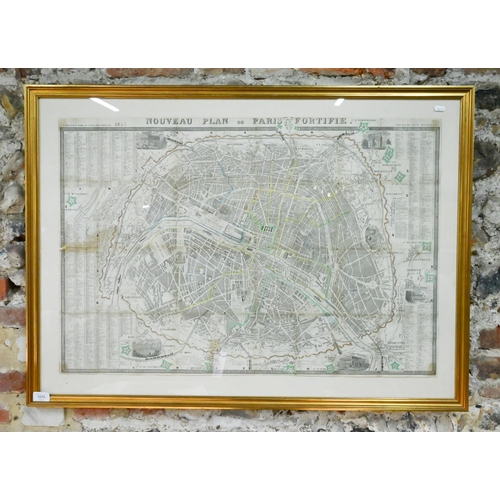 192 - French steel map engraving 'Nouveau Plan de Paris Fortifiée' 1855, 59 x 87 cm framed and glazed