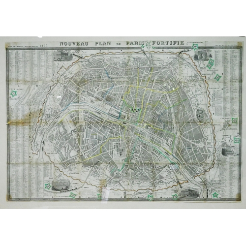 192 - French steel map engraving 'Nouveau Plan de Paris Fortifiée' 1855, 59 x 87 cm framed and glazed