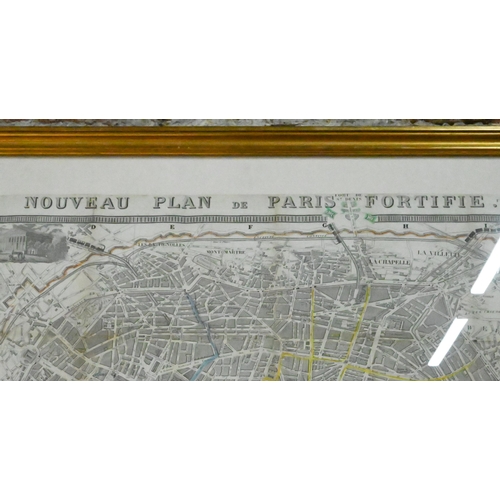 192 - French steel map engraving 'Nouveau Plan de Paris Fortifiée' 1855, 59 x 87 cm framed and glazed