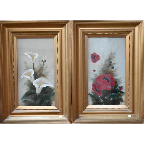 347 - Two paintings on glass of poppies and lillies, 44 x 24 cm, indistinctly signed (2)