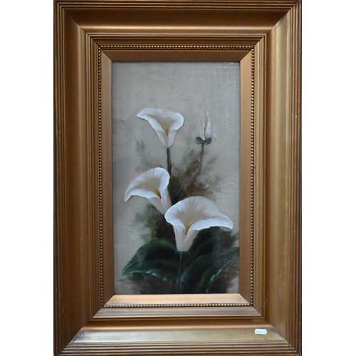 347 - Two paintings on glass of poppies and lillies, 44 x 24 cm, indistinctly signed (2)