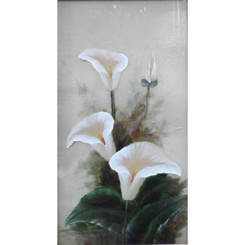 347 - Two paintings on glass of poppies and lillies, 44 x 24 cm, indistinctly signed (2)