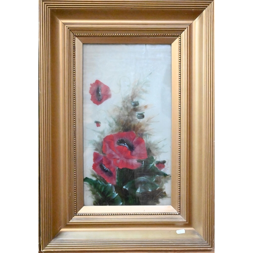 347 - Two paintings on glass of poppies and lillies, 44 x 24 cm, indistinctly signed (2)