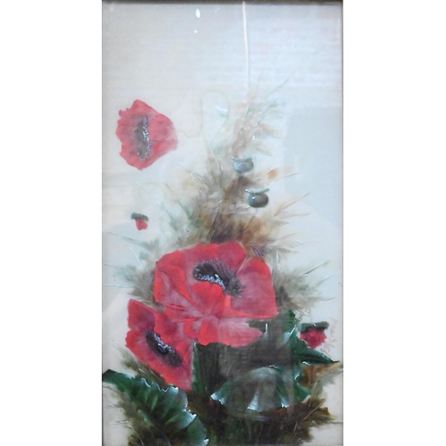 347 - Two paintings on glass of poppies and lillies, 44 x 24 cm, indistinctly signed (2)