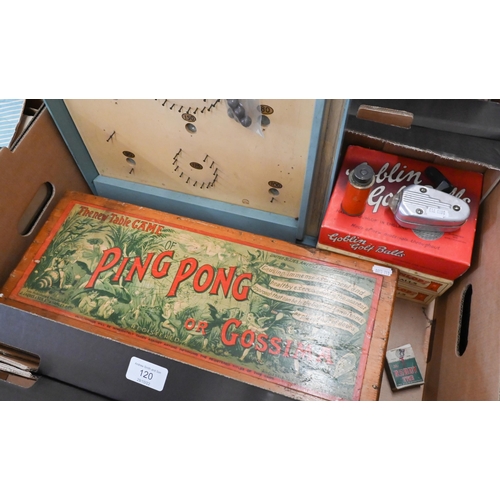 120 - Edwardian Jacques Ping Pong set in original box to/w a bagatelle board, three vintage golf-ball boxe... 