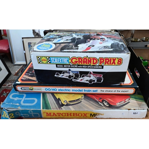 121 - Scalextric Grand Prix 8 set (boxed), a boxed Wrenn Railways 00 gauge model train set and a boxed Mat... 