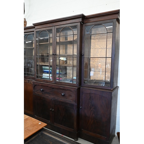 163 - A 19th century mahogany breakfront library secretaire bookcase, prov.: Avington Park, Hampshire, gla... 