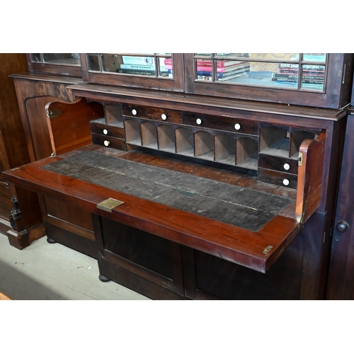 163 - A 19th century mahogany breakfront library secretaire bookcase, prov.: Avington Park, Hampshire, gla... 