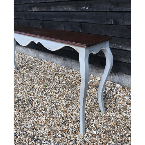 164 - A long narrow console table with stained hardwood top and grey painted base, 188 cm w x 40 cm d x 85... 