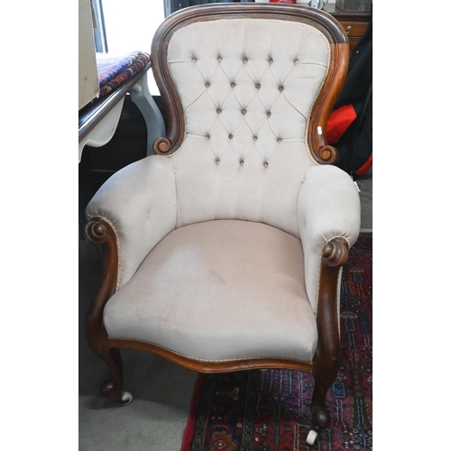 165 - A Victorian mahogany framed armchair with champagne button-backed dralon upholstery to/w a side chai... 