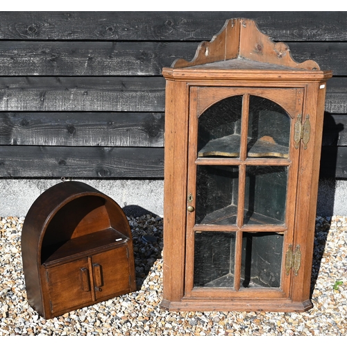 177 - An antique provincial oak corner cupboard with glazed door, 102 cm high (a/f) to/w a small oak arche... 