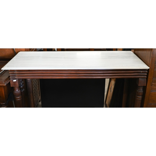 199 - A marble top console table on mahogany base with turned and reeded supports, 122 cm wide x 51 cm dee... 