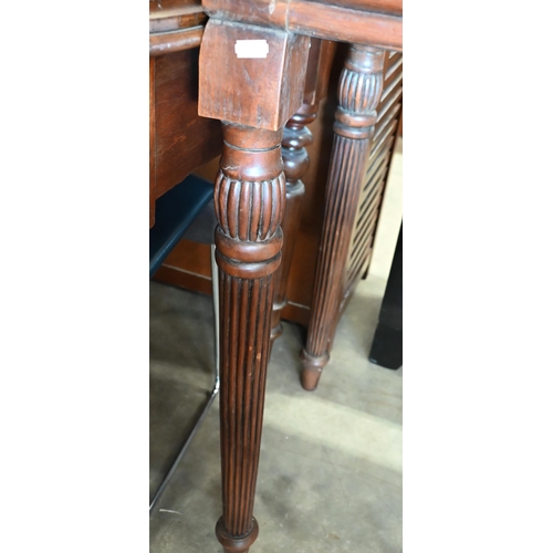 199 - A marble top console table on mahogany base with turned and reeded supports, 122 cm wide x 51 cm dee... 