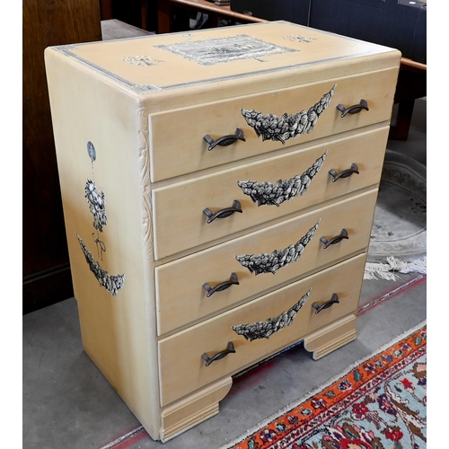 201 - A buff-painted and decoupage four drawer chest standing on bracket feet, 76 cm wide x 46 cm deep x 9... 