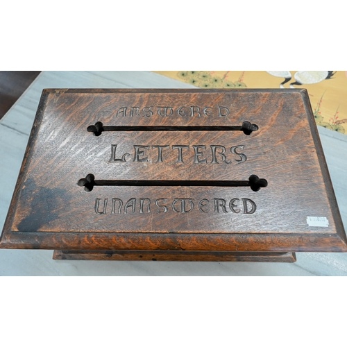 203 - An antique Gothic revival carved oak letter box, 40 cm wide x 24 cm deep x 15 cm high to/w pair of A... 