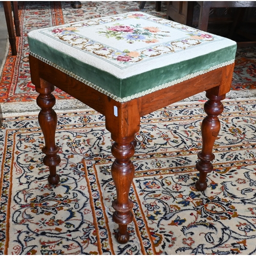 222 - An elm framed square stool with turned legs and floral tapestry seat, 42 x 42 x 52 cm high