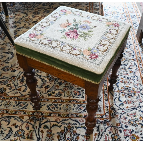 222 - An elm framed square stool with turned legs and floral tapestry seat, 42 x 42 x 52 cm high