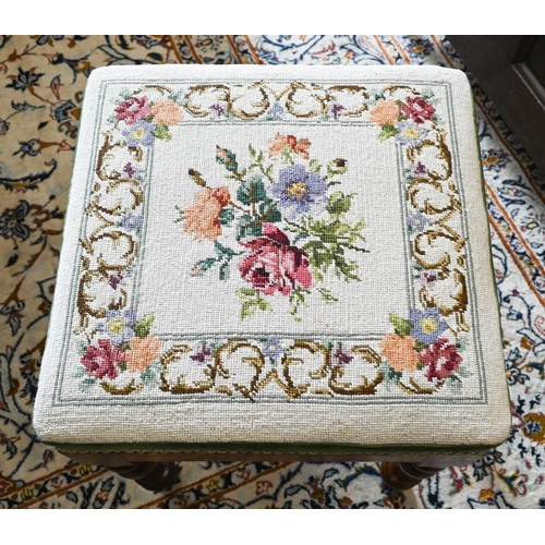 222 - An elm framed square stool with turned legs and floral tapestry seat, 42 x 42 x 52 cm high