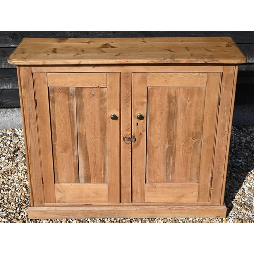 225 - A waxed pine hall cupboard with panelled doors, 116 cm wide x 44 cm deep x 94 cm high