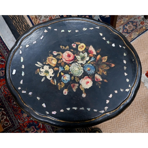 228 - A Victorian papier maché tilt-top table with polychrome floral and mother of pearl decoration