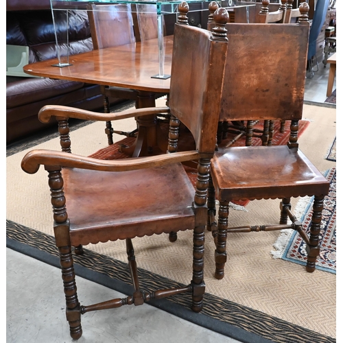 248 - A set of seven 17th century style oak framed dining chairs in the Cromwellian style, with brown leat... 