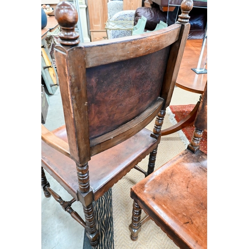 248 - A set of seven 17th century style oak framed dining chairs in the Cromwellian style, with brown leat... 