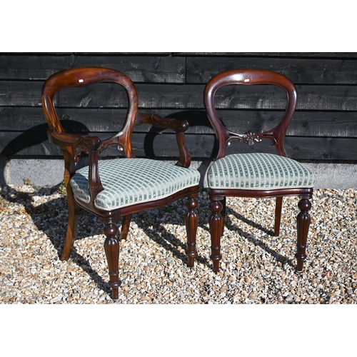 256 - Set of six Victorian style mahogany balloon back dining chairs with two-tone green striped upholster... 