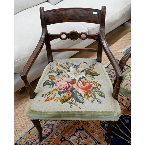 258 - Two Regency mahogany carver chairs with floral tapestry seats