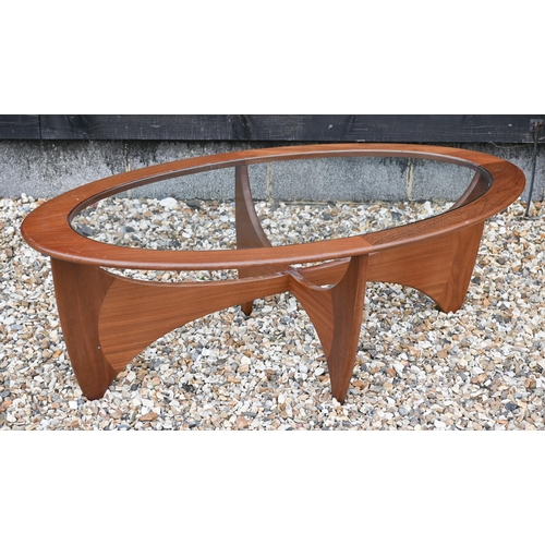 277 - A G-Plan teak 'astro' coffee table with oval inset glass top on shaped base, circa 1970s, 122 cm wid... 