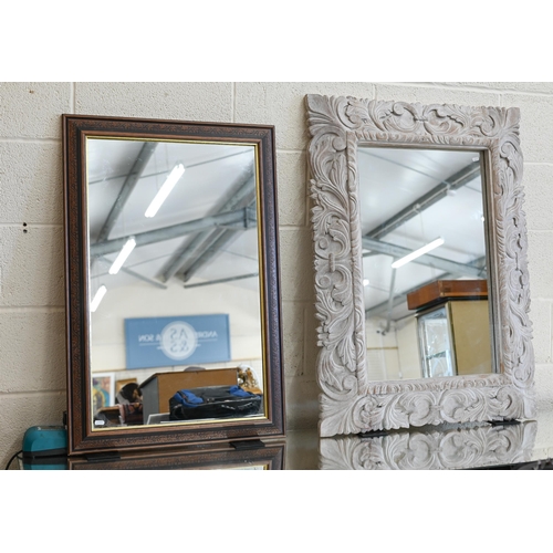 287 - A rectangular wall mirror in foliate carved lime-washed hardwood frame, 76 cm wide x 100 cm high to/... 