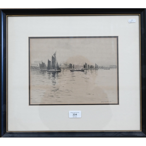 304 - Georg Biermeister - En grisaille harbour view, watercolour, signed and dated 1892, 21 x 27 cm 