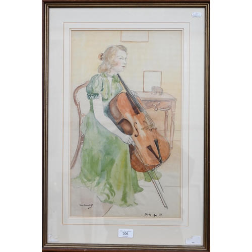 306 - Renee Bickerstaff - 'Study for oil', girl with cello, watercolour, signed, 48 x 28 cm 