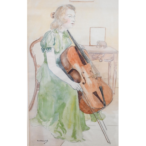 306 - Renee Bickerstaff - 'Study for oil', girl with cello, watercolour, signed, 48 x 28 cm 