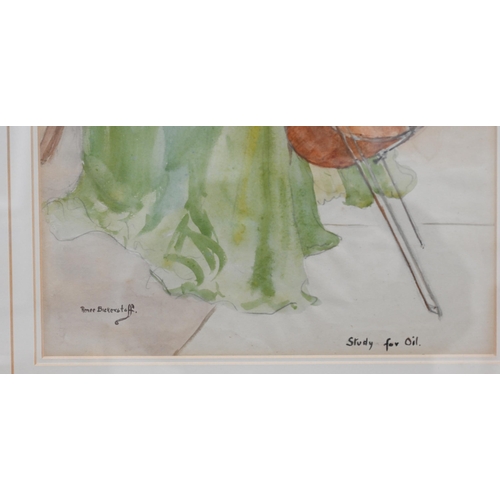 306 - Renee Bickerstaff - 'Study for oil', girl with cello, watercolour, signed, 48 x 28 cm 