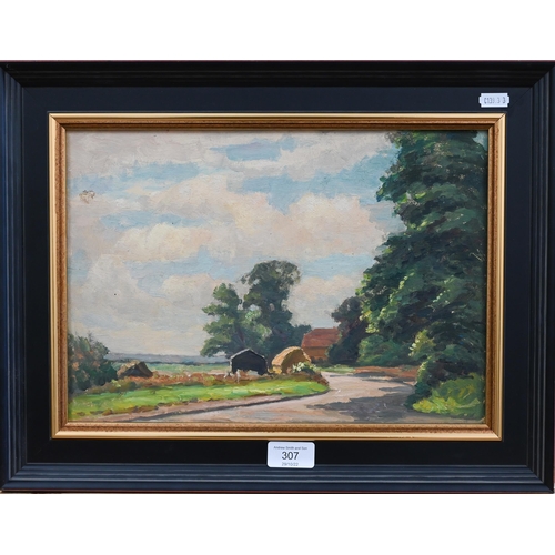 307 - English school - A pastoral view with a farmstead, oil on board, signed with initials, 24 x 34 cm&nb... 