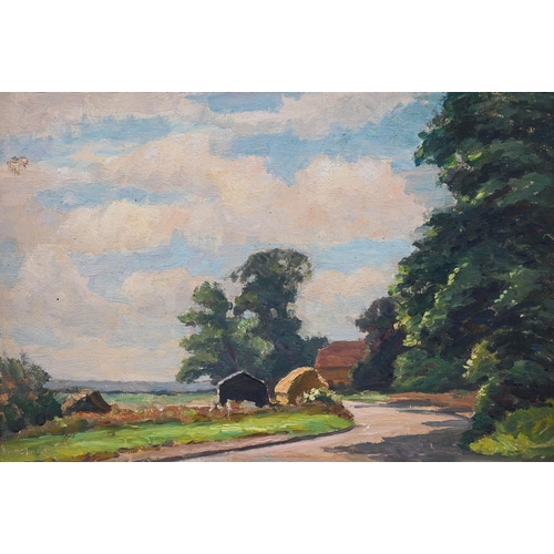 307 - English school - A pastoral view with a farmstead, oil on board, signed with initials, 24 x 34 cm&nb... 