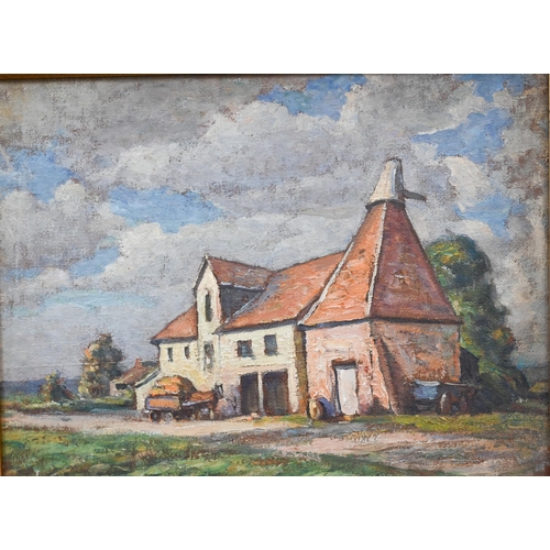 308 - English school - A granary barn, oil on canvas, 29 x 39 cm to/w a Prospect of Hampstead... engraving... 