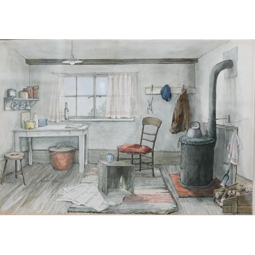 309 - A Shanks - watercolour of a cottage interior to/w two engravings - Westminster Bridge, 1745 (Scott) ... 